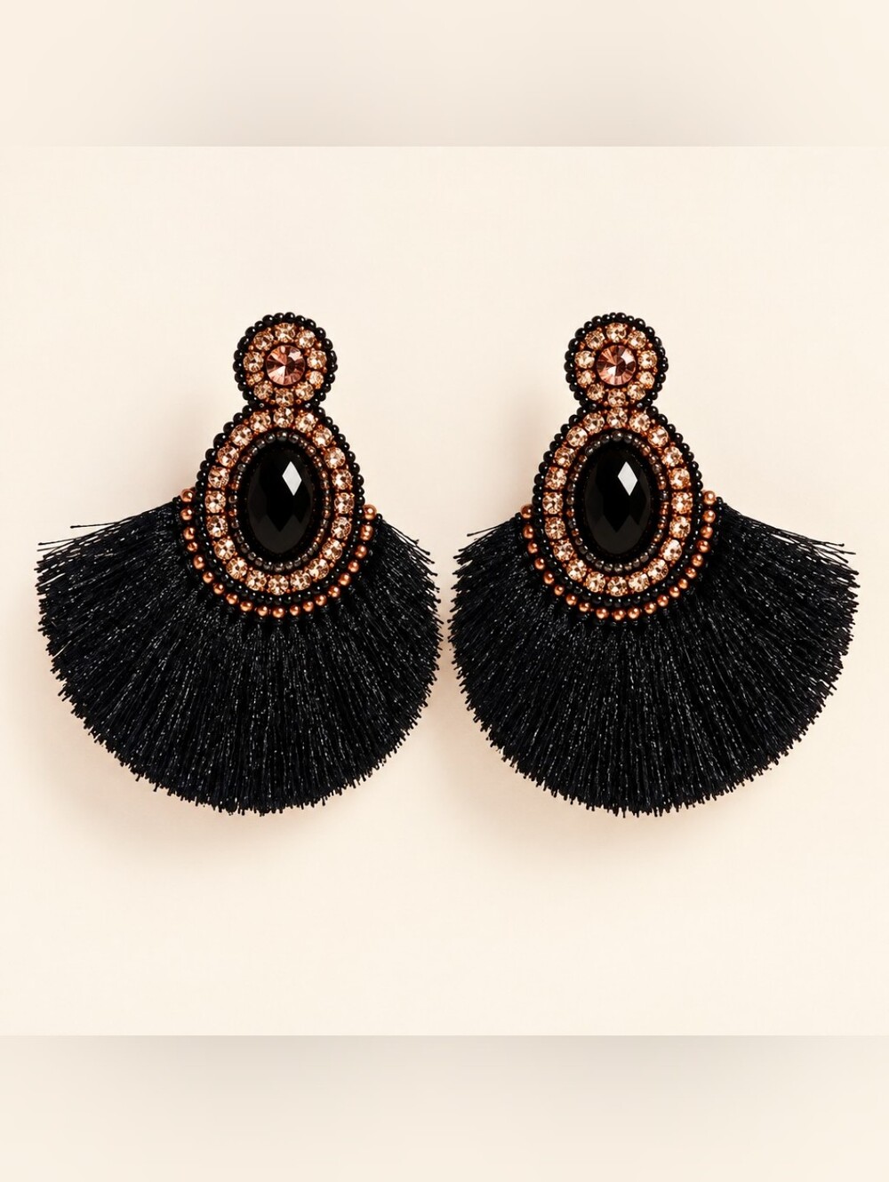 Black Tassel Fan Earrings with Rose Gold Crystal Accents